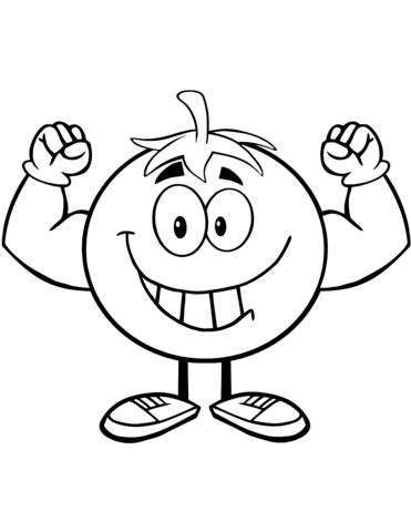 Strong Tomato Cartoon Mascot Character Flexing Coloring Page